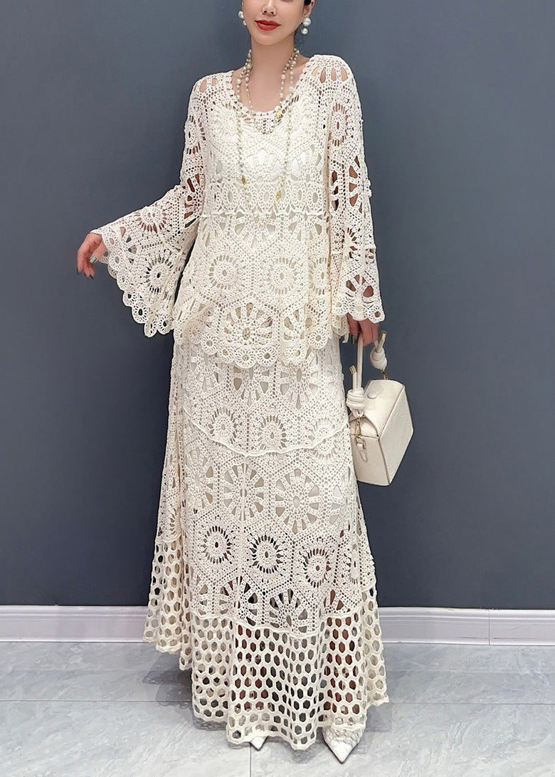 Women White Hollow Out Knit Two Piece Set Outfits Summer