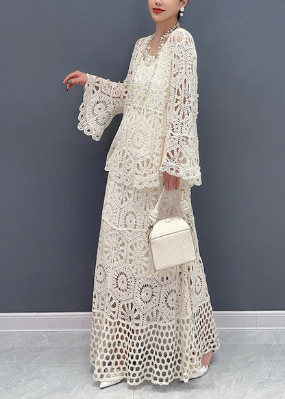 Women White Hollow Out Knit Two Piece Set Outfits Summer