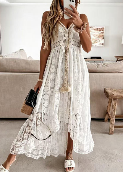 Women White Hollow Out Lace Spaghetti Strap Dress Summer