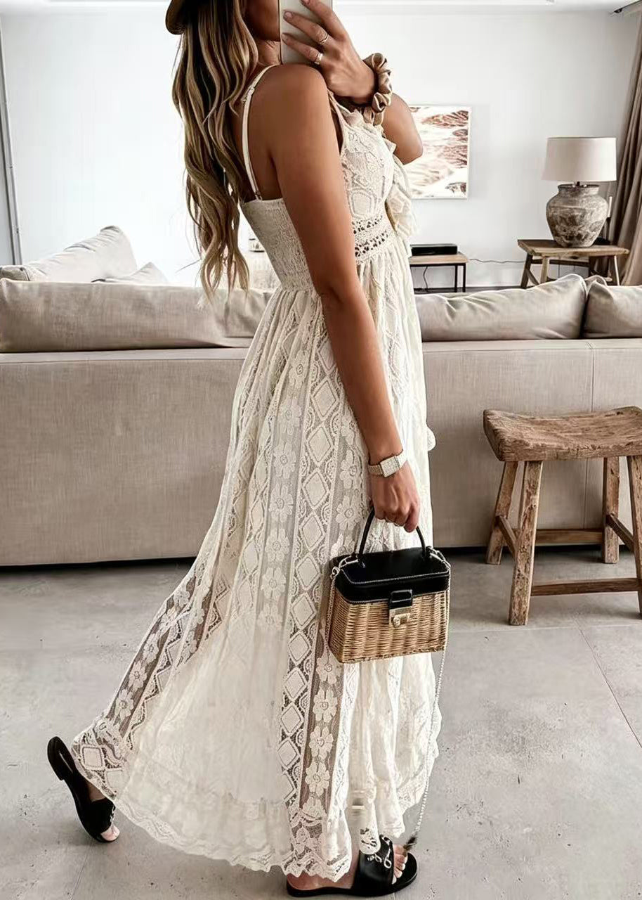 Women White Hollow Out Lace Spaghetti Strap Dress Summer