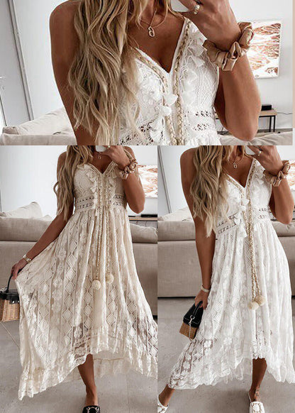 Women White Hollow Out Lace Spaghetti Strap Dress Summer