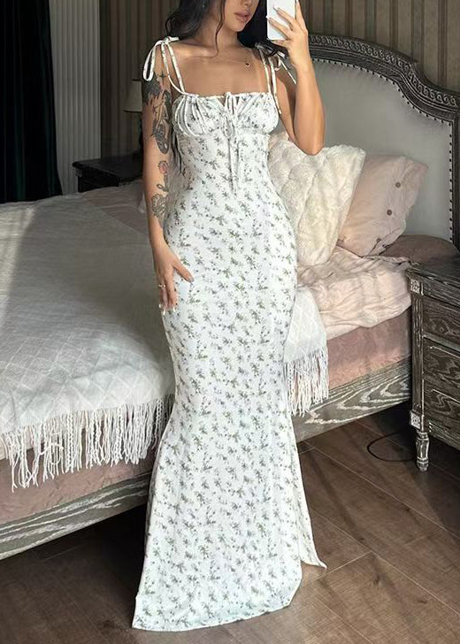 Women White Lace Up Print Slim Fit Cotton Maxi Dress Summer