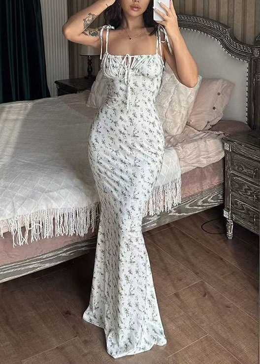 Women White Lace Up Print Slim Fit Cotton Maxi Dress Summer