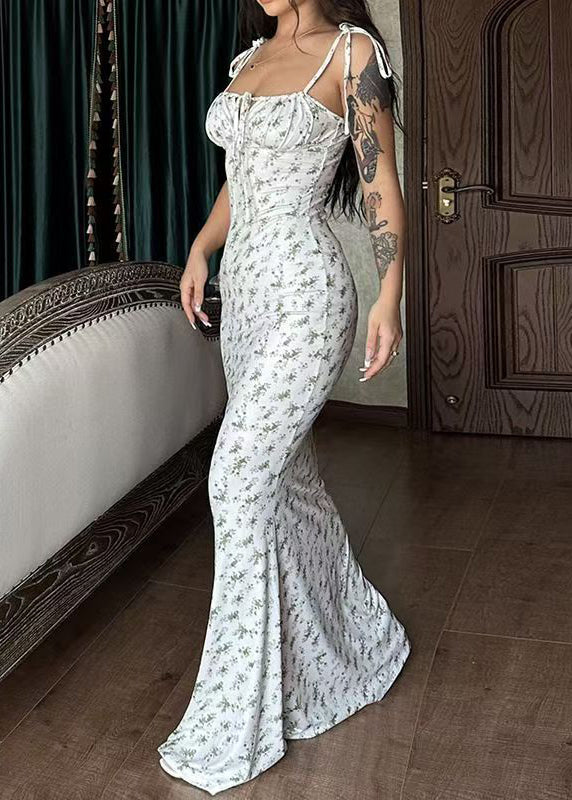 Women White Lace Up Print Slim Fit Cotton Maxi Dress Summer