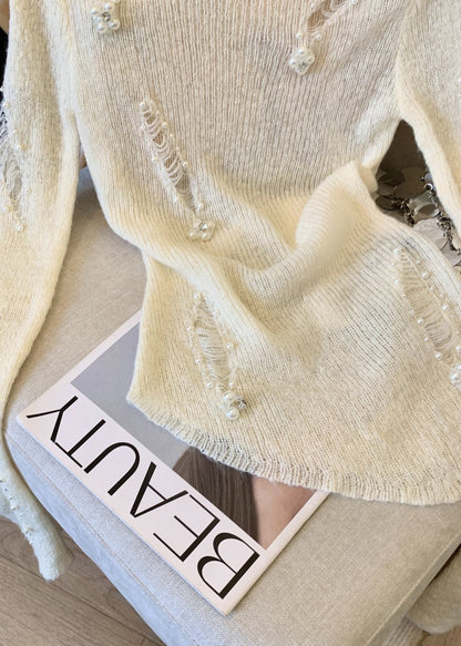 Suéter de punto con cuentas de uñas blancas para mujer, primavera