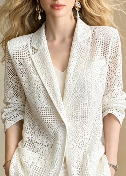 Women White Notched Cut Out Pockets Jacket Long Sleeve