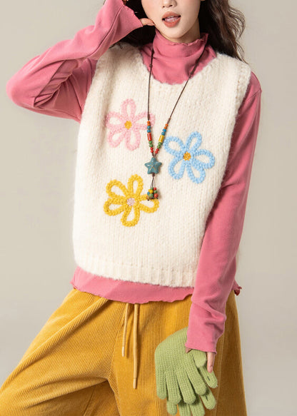 Women White O Neck Floral Knit Vest Sleeveless