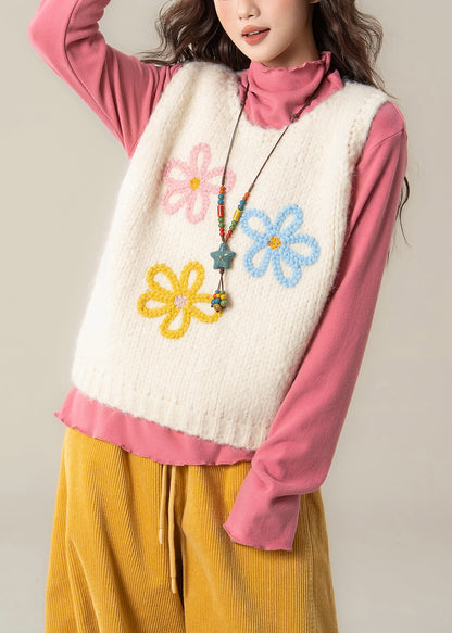 Women White O Neck Floral Knit Vest Sleeveless