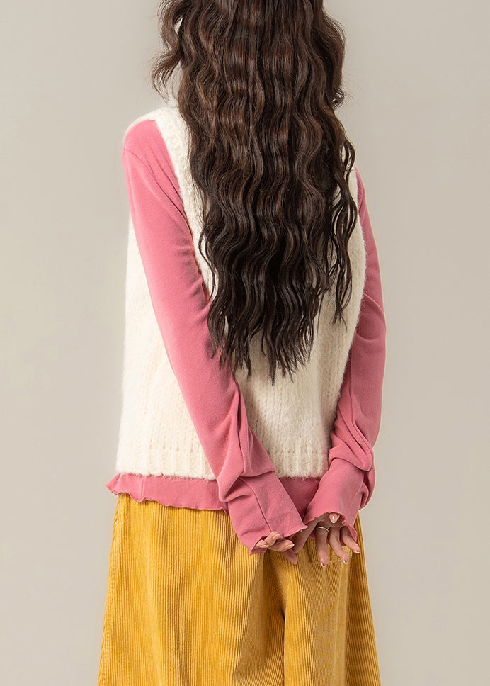 Women White O Neck Floral Knit Vest Sleeveless