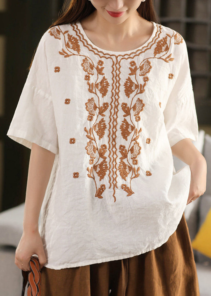 Women White O Neck Handmade Embroidered Linen T Shirt Summer