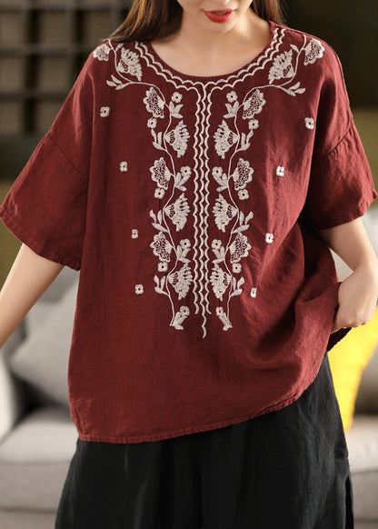 Women White O Neck Handmade Embroidered Linen T Shirt Summer