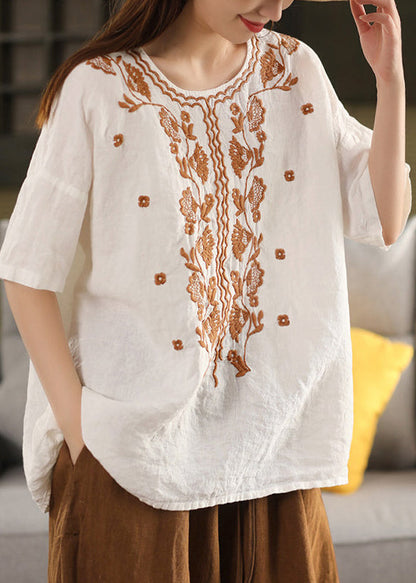 Women White O Neck Handmade Embroidered Linen T Shirt Summer