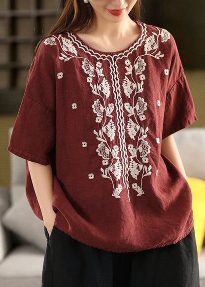 Women White O Neck Handmade Embroidered Linen T Shirt Summer