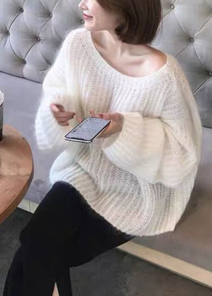 Frauen Weiß O-Ausschnitt Aushöhlen Gemütliche Wolle Strickpullover