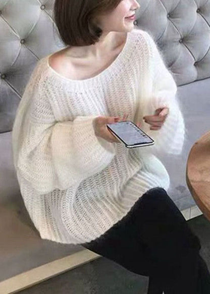 Frauen Weiß O-Ausschnitt Aushöhlen Gemütliche Wolle Strickpullover