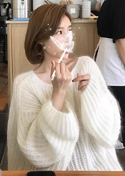 Frauen Weiß O-Ausschnitt Aushöhlen Gemütliche Wolle Strickpullover
