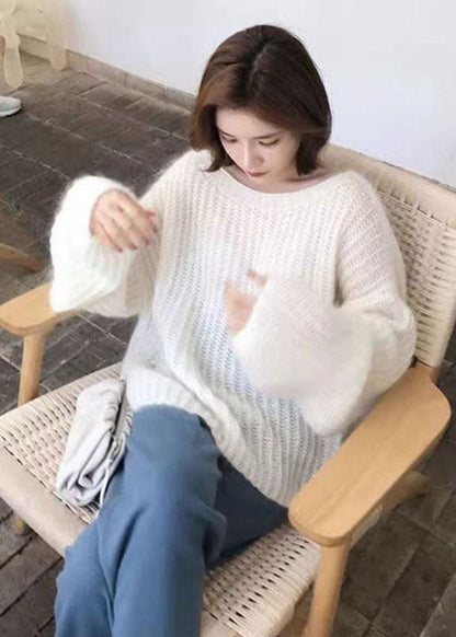 Frauen Weiß O-Ausschnitt Aushöhlen Gemütliche Wolle Strickpullover