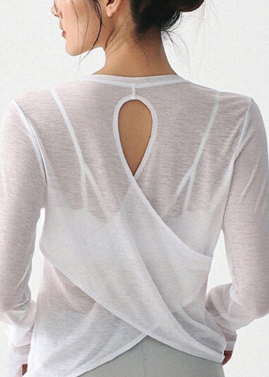Women White O-Neck Hollow Out Yoga Smock Tops