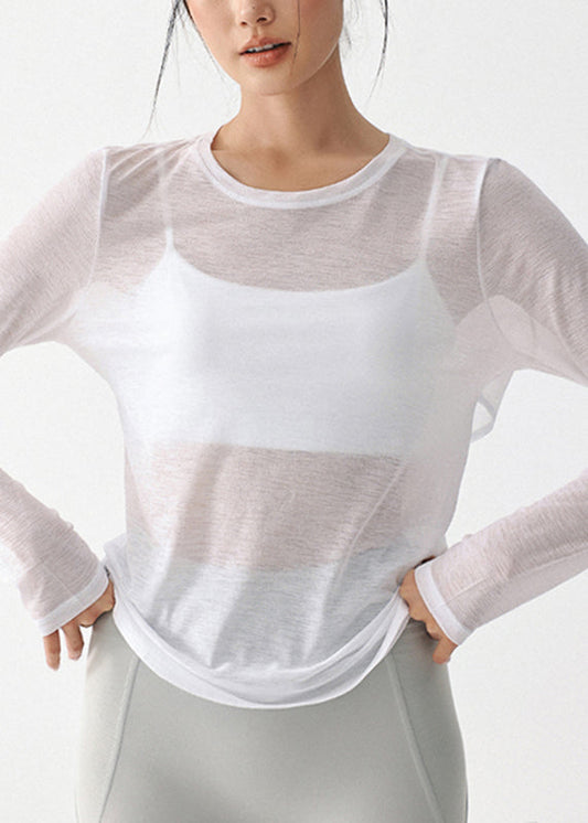 Women White O-Neck Hollow Out Yoga Smock Tops