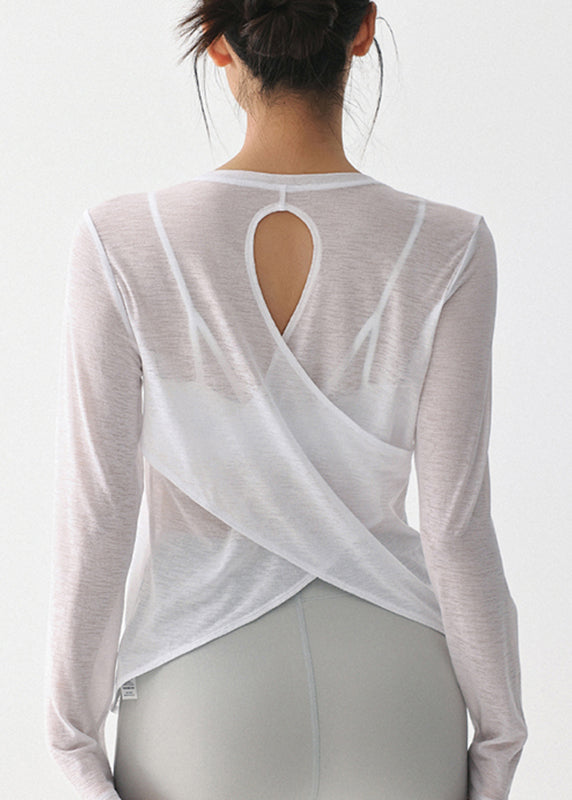 Women White O-Neck Hollow Out Yoga Smock Tops
