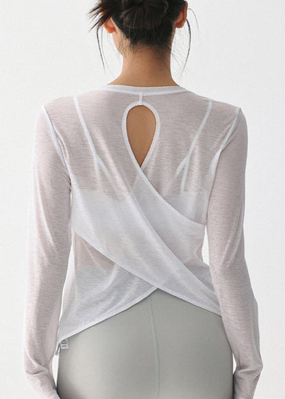 Women White O-Neck Hollow Out Yoga Smock Tops