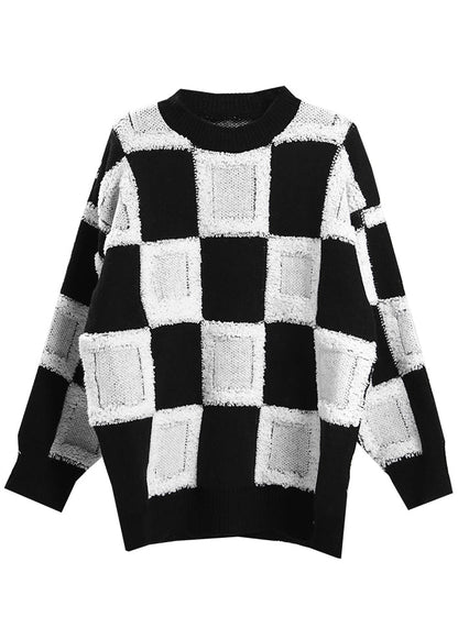 Frauen Weiß O-Ausschnitt Plaid Strickpullover Tops Frühling