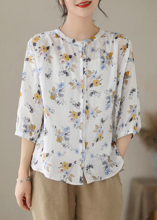 Frauen Weiß O-Neck Print Button Ramie Shirts Sommer