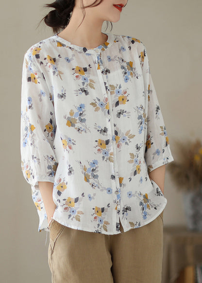 Frauen Weiß O-Neck Print Button Ramie Shirts Sommer