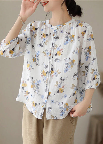 Frauen Weiß O-Neck Print Button Ramie Shirts Sommer