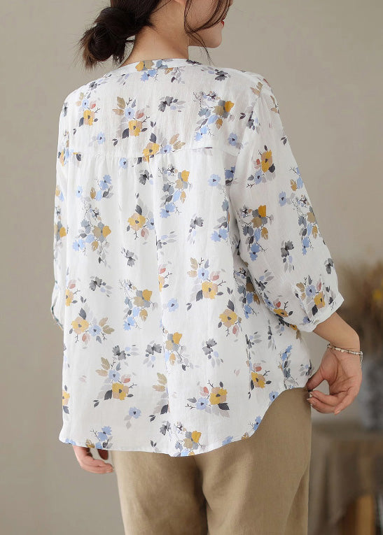 Frauen Weiß O-Neck Print Button Ramie Shirts Sommer