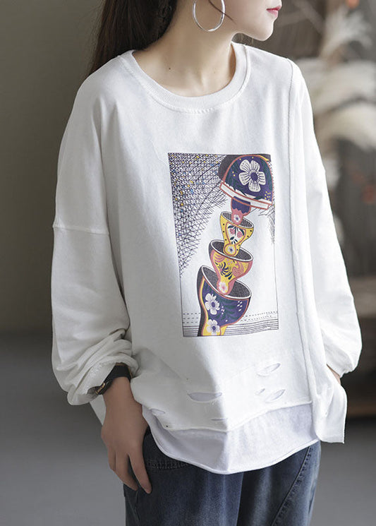 Damen Weißer O-Ausschnitt Loch Print Baumwolle Pullover Sweatshirt Langarm