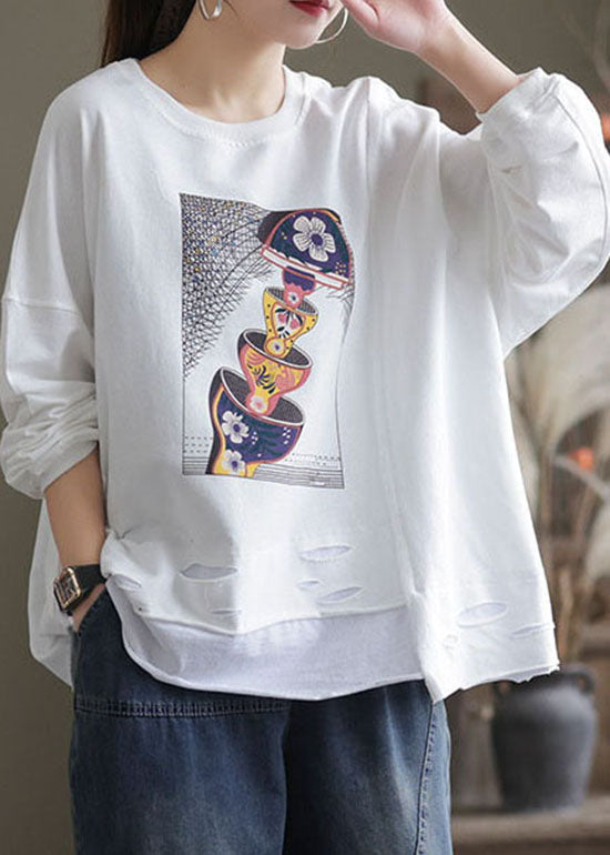 Damen Weißer O-Ausschnitt Loch Print Baumwolle Pullover Sweatshirt Langarm