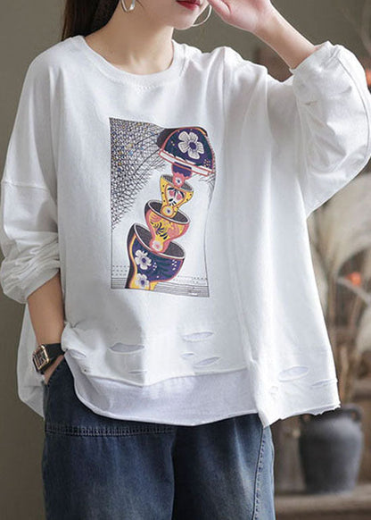 Damen Weißer O-Ausschnitt Loch Print Baumwolle Pullover Sweatshirt Langarm