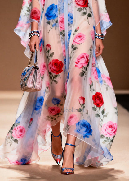 Women White Oversized Floral Print Chiffon Vacation Dresses Summer