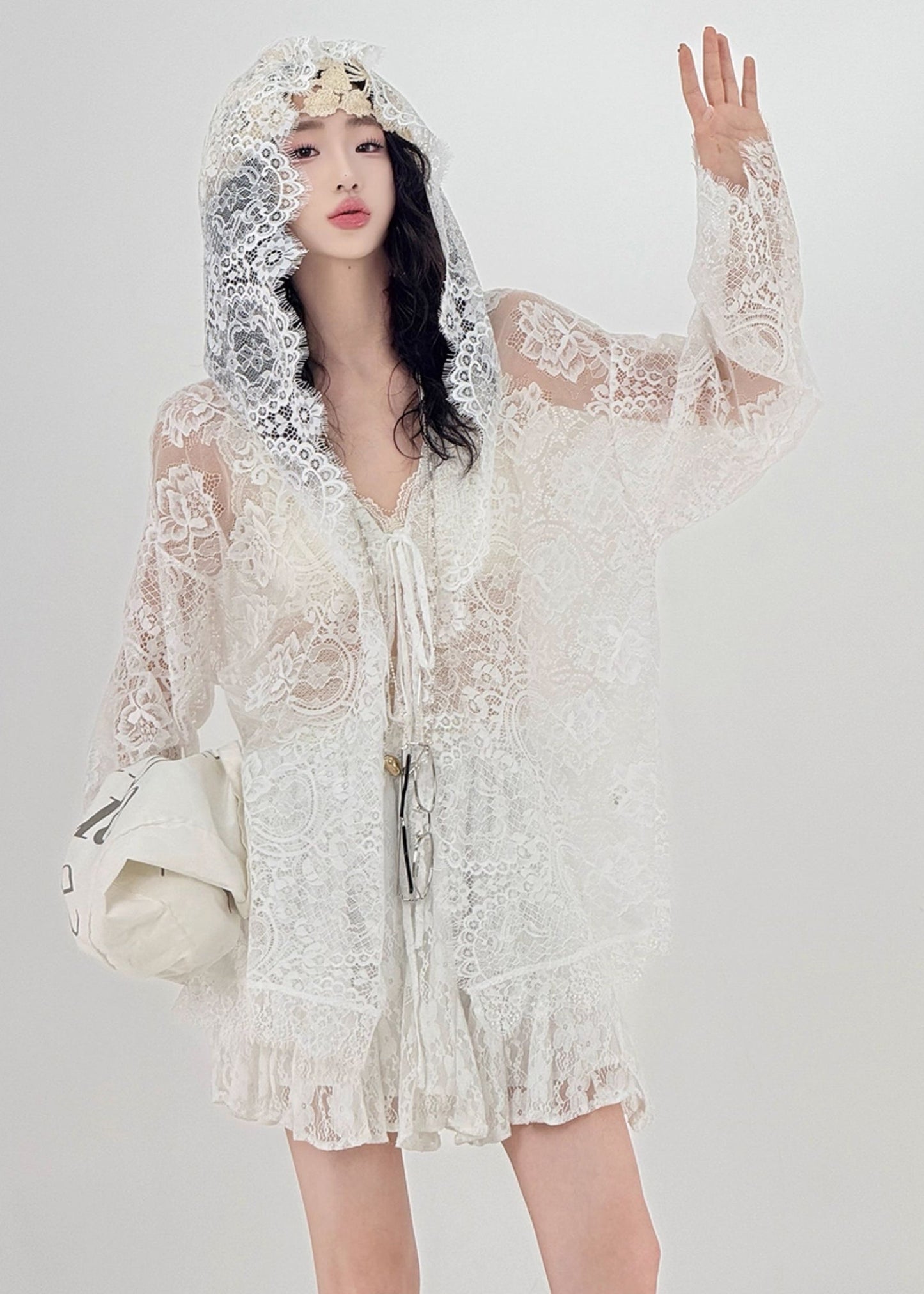 Women White Oversized Hollow Out Lace UPF 50+ Cardigan Spring