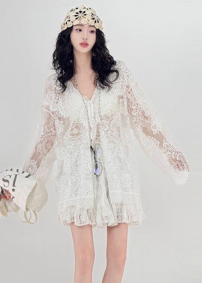 Women White Oversized Hollow Out Lace UPF 50+ Cardigan Spring