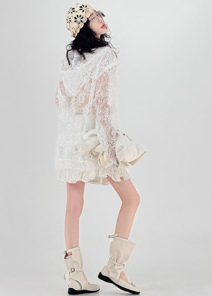 Women White Oversized Hollow Out Lace UPF 50+ Cardigan Spring