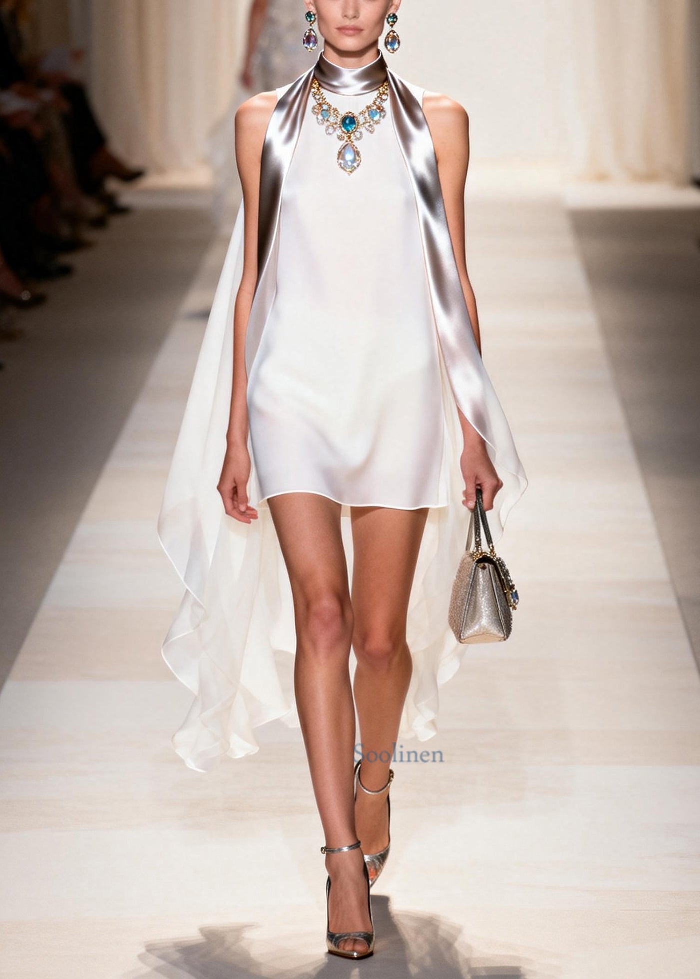 Women White Oversized Patchwork Shawl Chiffon Dress Sleeveless