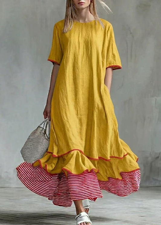 Women White Patchwork Striped Exra Large Hem Cotton Long Dress Summer