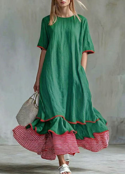 Women White Patchwork Striped Exra Large Hem Cotton Long Dress Summer
