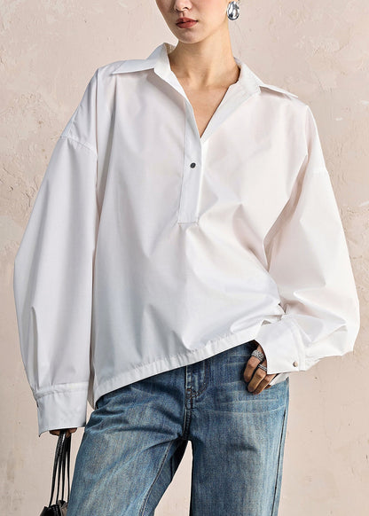 Women White Peter Pan Collar Button Solid Cotton Shirt Fall