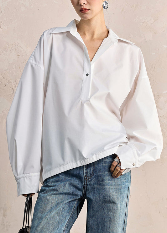 Women White Peter Pan Collar Button Solid Cotton Shirt Fall