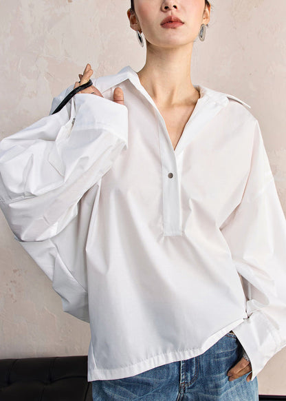 Women White Peter Pan Collar Button Solid Cotton Shirt Fall