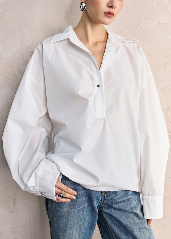 Women White Peter Pan Collar Button Solid Cotton Shirt Fall