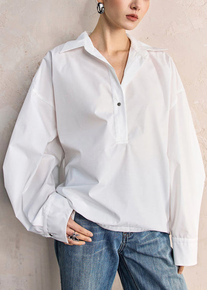Women White Peter Pan Collar Button Solid Cotton Shirt Fall
