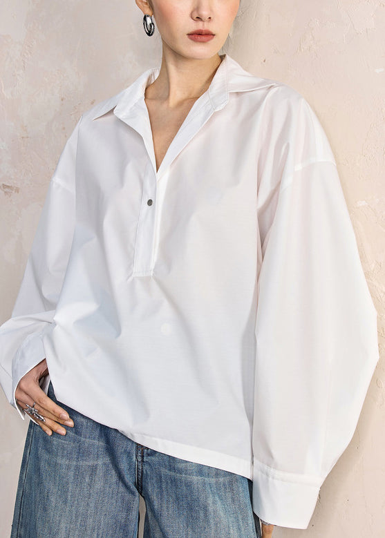 Women White Peter Pan Collar Button Solid Cotton Shirt Fall