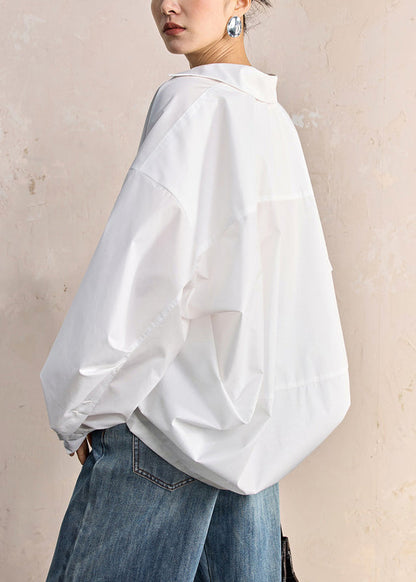 Women White Peter Pan Collar Button Solid Cotton Shirt Fall