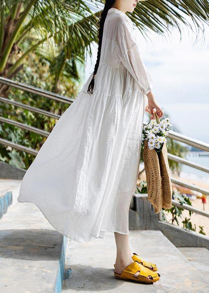 Women White Peter Pan Collar Button Vacation Summer Linen Dress - SooLinen