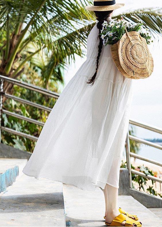 Women White Peter Pan Collar Button Vacation Summer Linen Dress - SooLinen