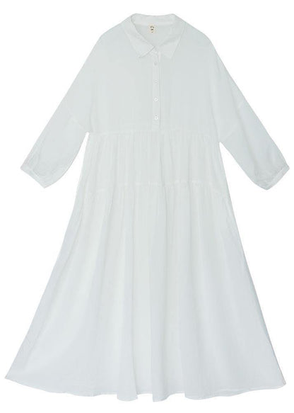 Women White Peter Pan Collar Button Vacation Summer Linen Dress - SooLinen